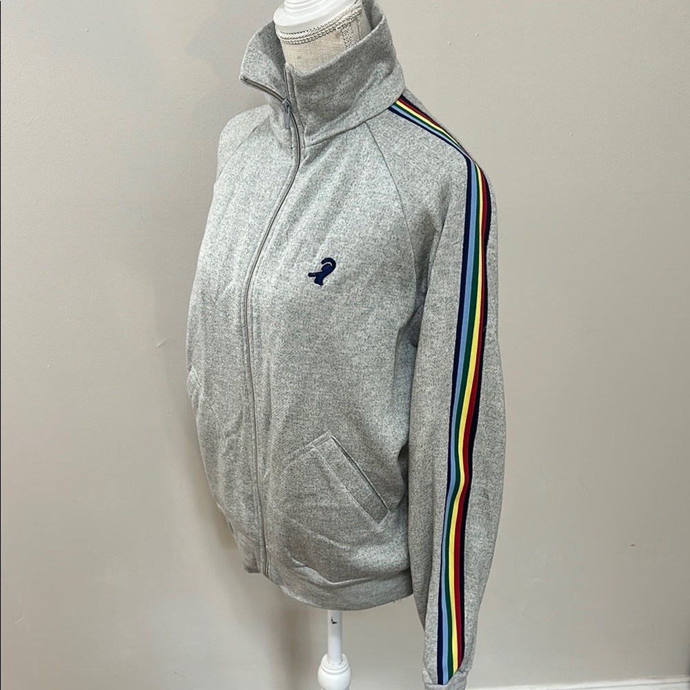 Rod Laver Vintage Tennis Zip Up Gray Sweatshirt with Rainbow Stripe